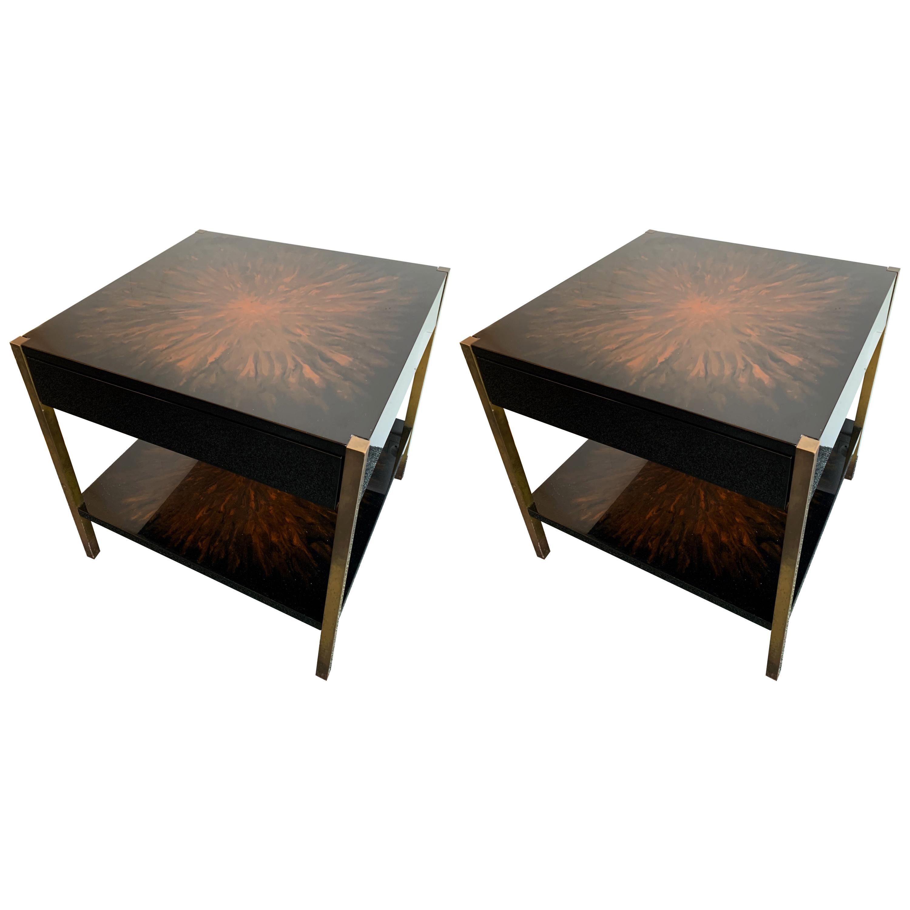 Pair of Lacquered and Bronze Tables by Maison Charles, France, 1970s