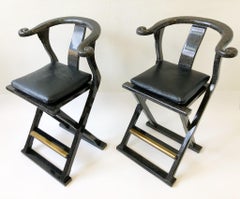 Pair of Lacquered and Leather Asia Style Barstools by Marge Carson