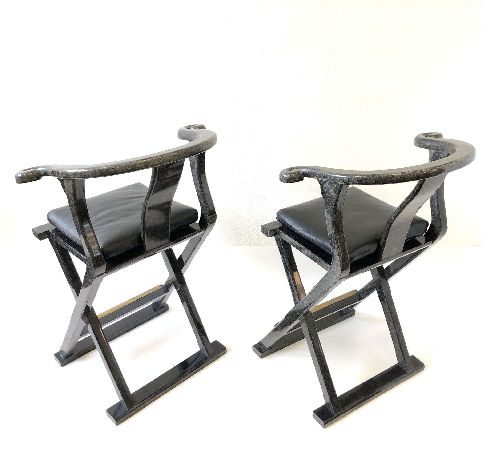 Modern Pair of Lacquered and Leather Asia Style Barstools by Marge Carson For Sale