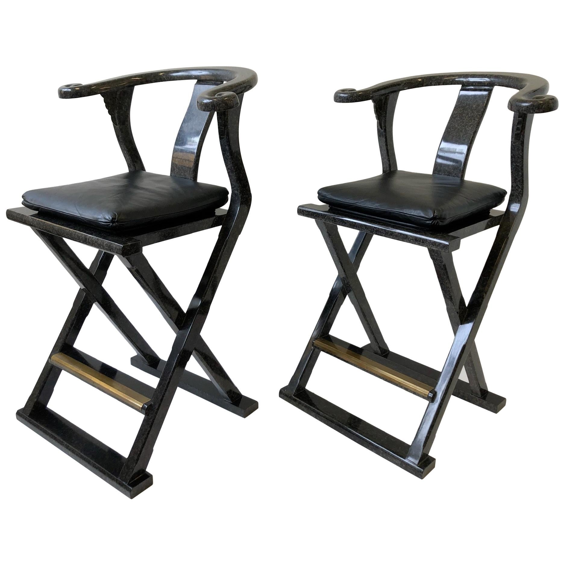 Pair of Lacquered and Leather Asia Style Barstools by Marge Carson For Sale