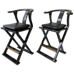 Retro Pair of Lacquered and Leather Asia Style Barstools by Marge Carson