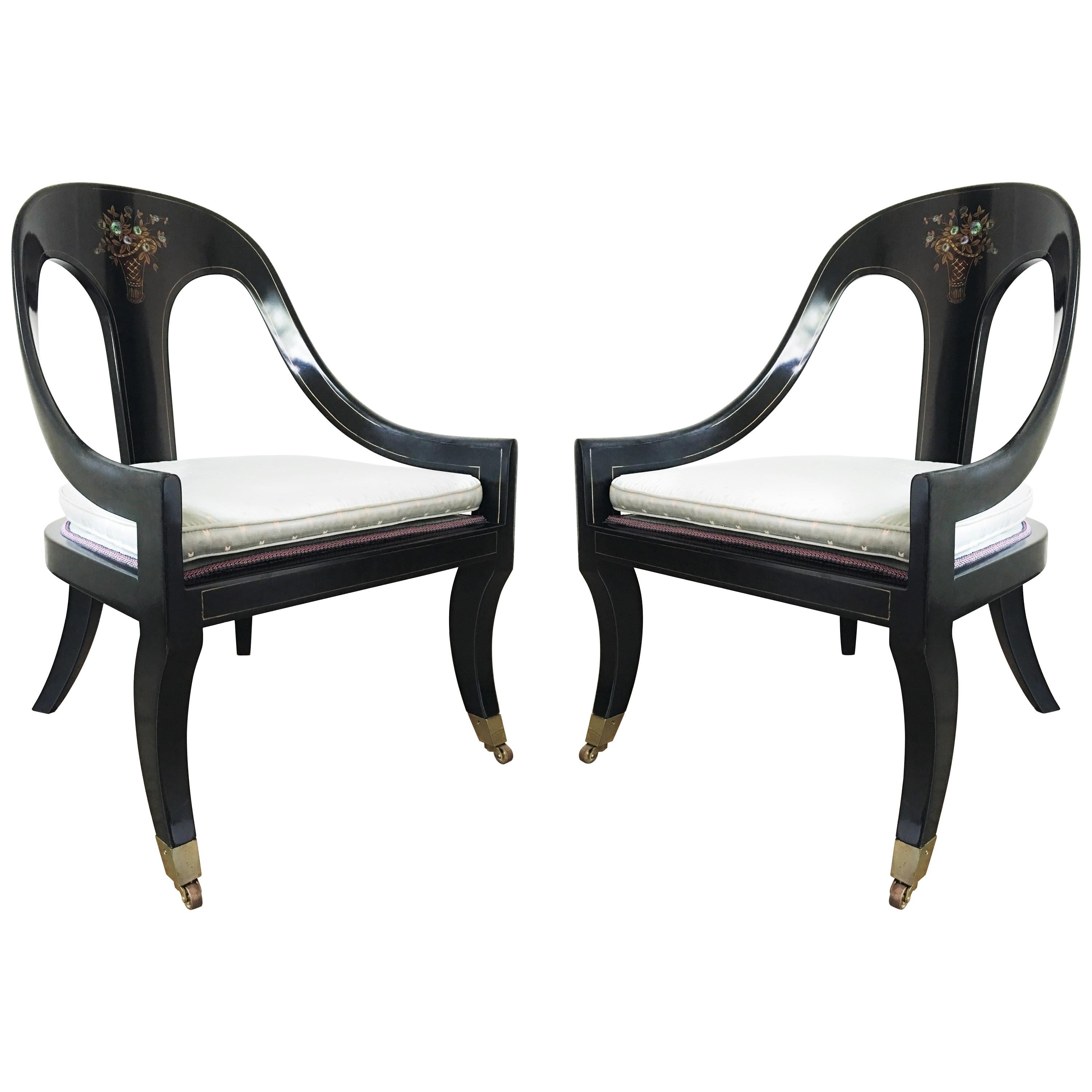 Pair of Lacquered and Mother of Pearl Inlaid Spoon Back Chairs For Sale