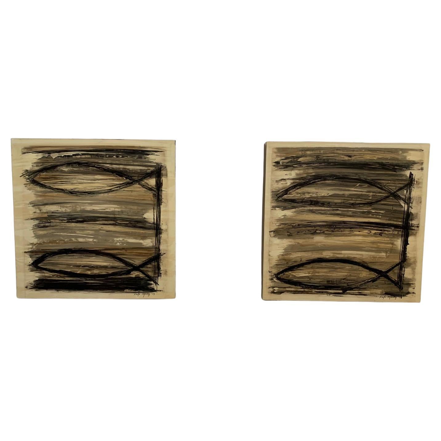 Pair of lacquered and painted box-wood Panels, 2009