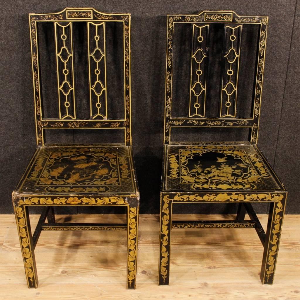 Pair of French chairs from 20th century. Furniture in richly lacquered and painted chinoiserie wood of beautiful decoration. Chairs of low comfort, ideal to use as decorative elements rather than real seats. Measures: Height at the seat 43 cm. They