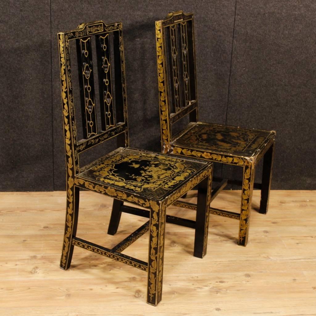 Pair of Lacquered and Painted Chinoiserie French Chairs from 20th Century 1