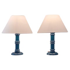 Pair of Lacquered Blue Turned Wood Table Lamps, France, circa 1970