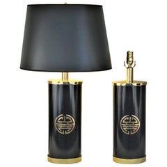 Pair of Lacquered Brass Table Lamps with Chinese Character