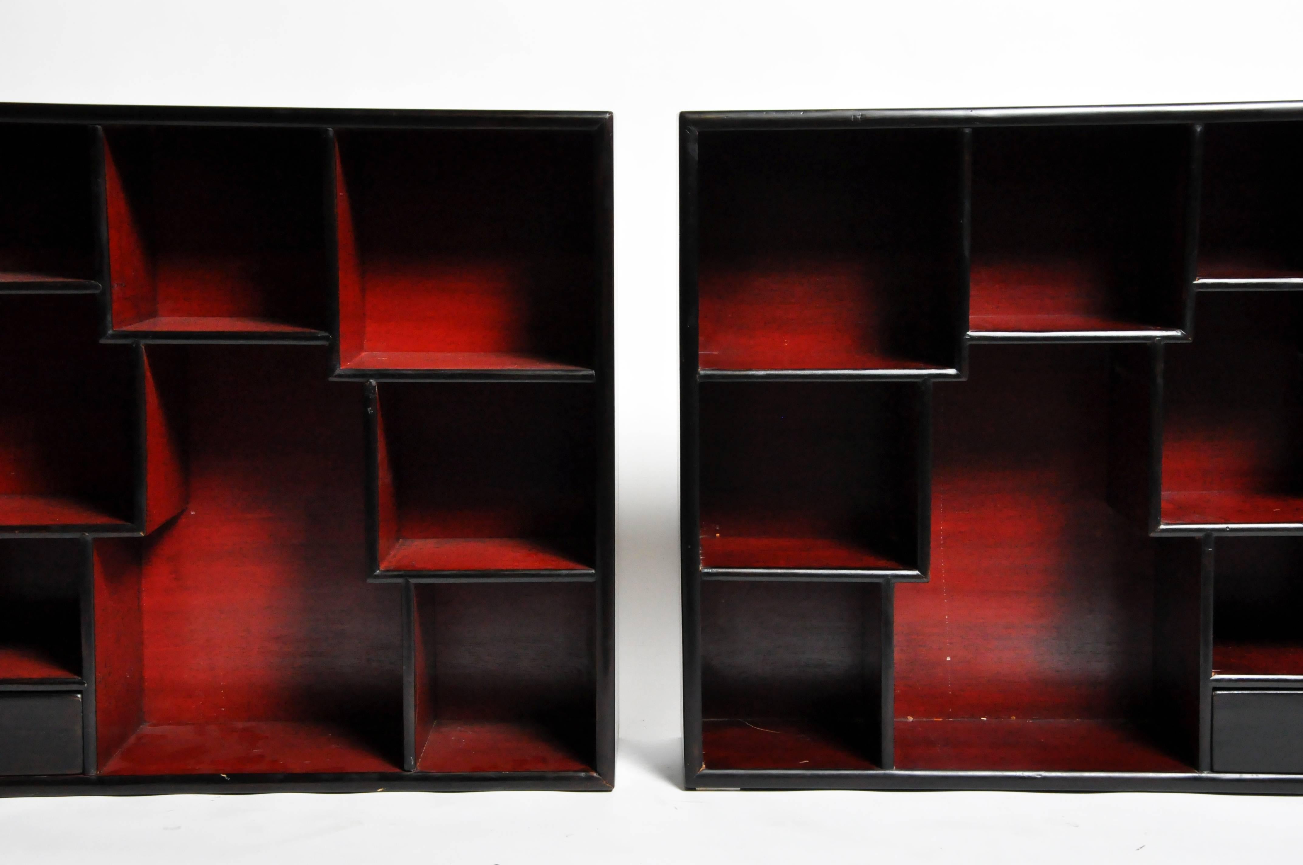 Pair of Lacquered Chinese Book Shelf Cabinets with One Drawer 5