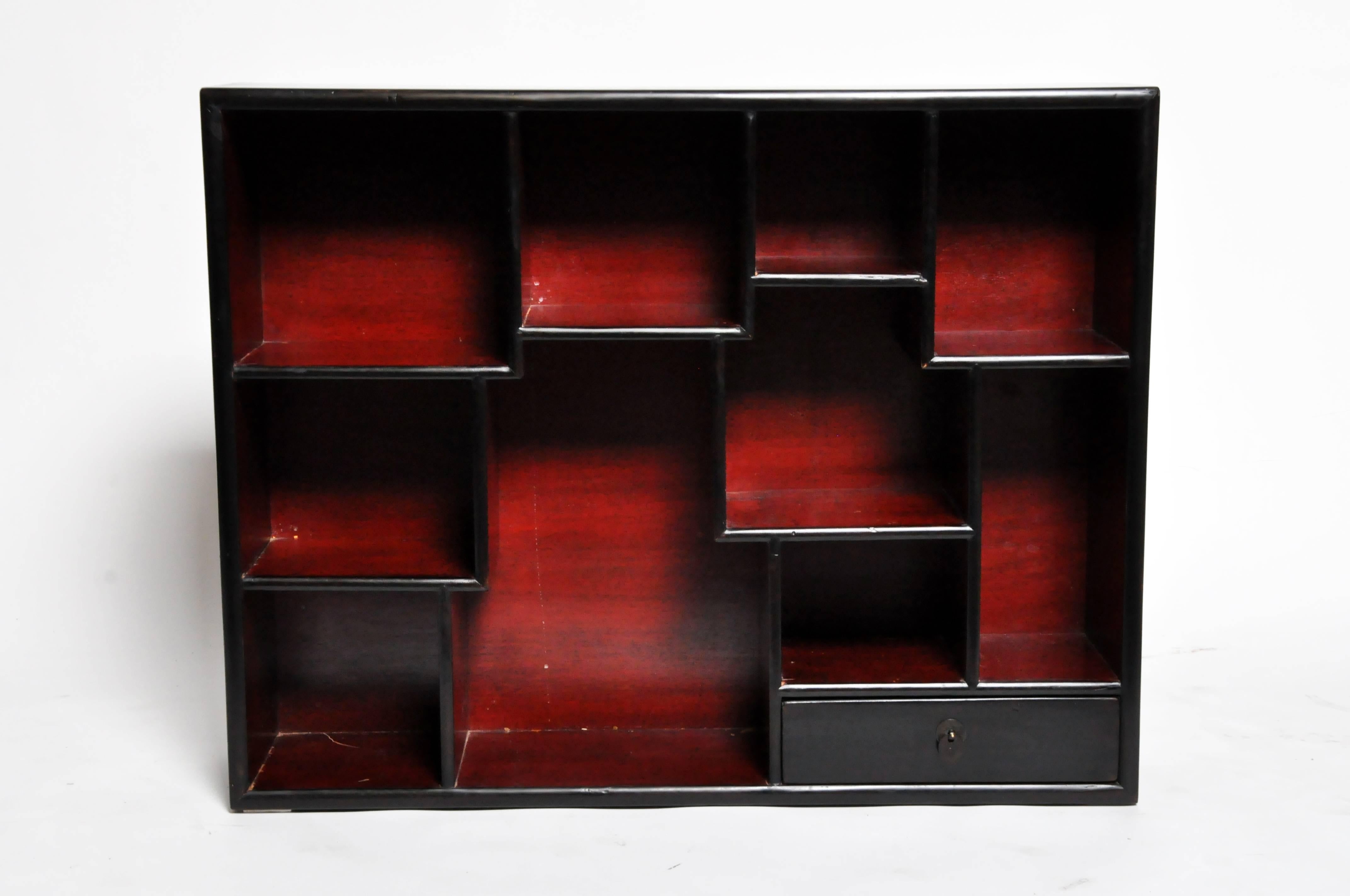 Pair of Lacquered Chinese Book Shelf Cabinets with One Drawer In Good Condition In Chicago, IL