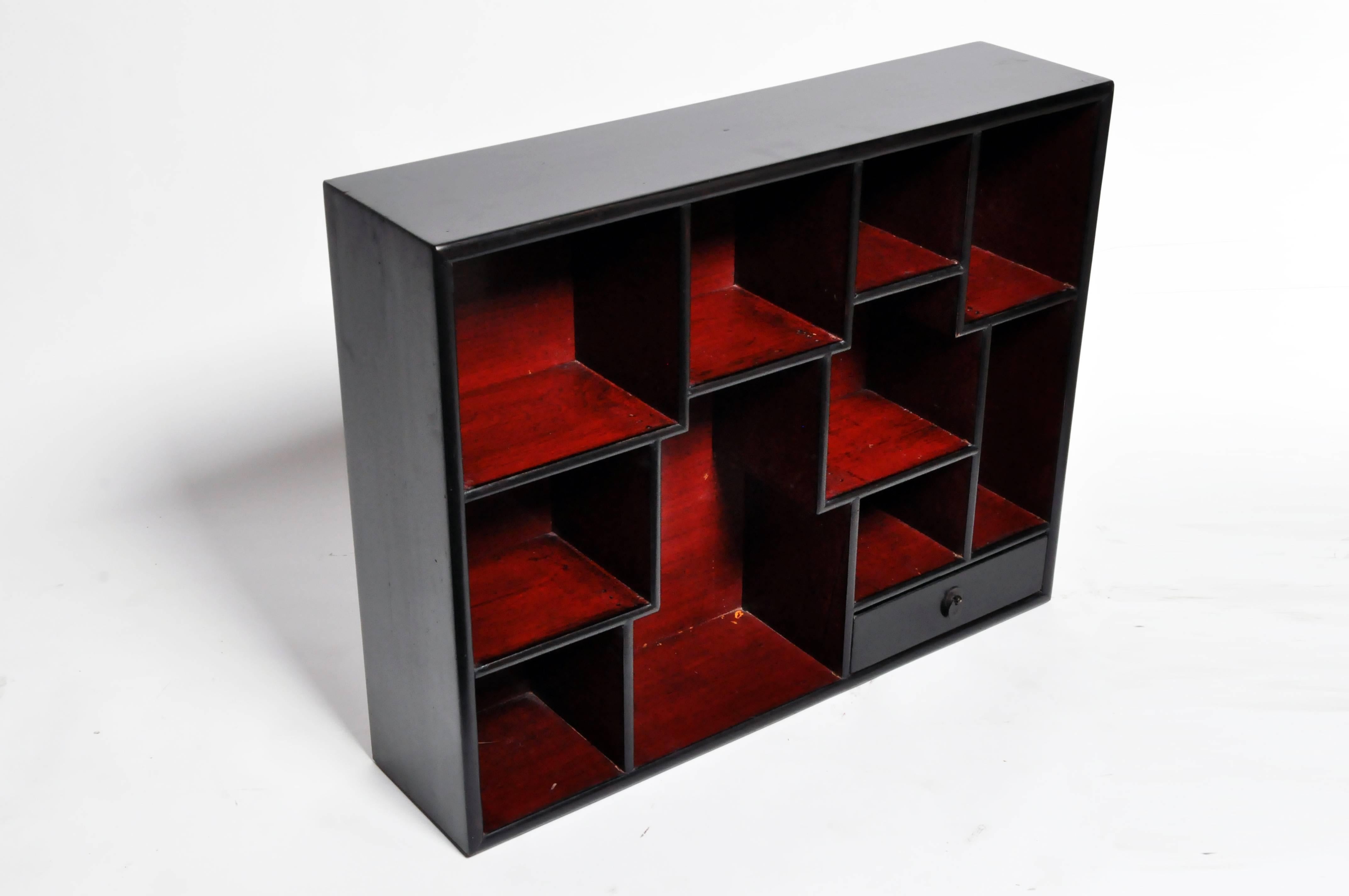 Contemporary Pair of Lacquered Chinese Book Shelf Cabinets with One Drawer