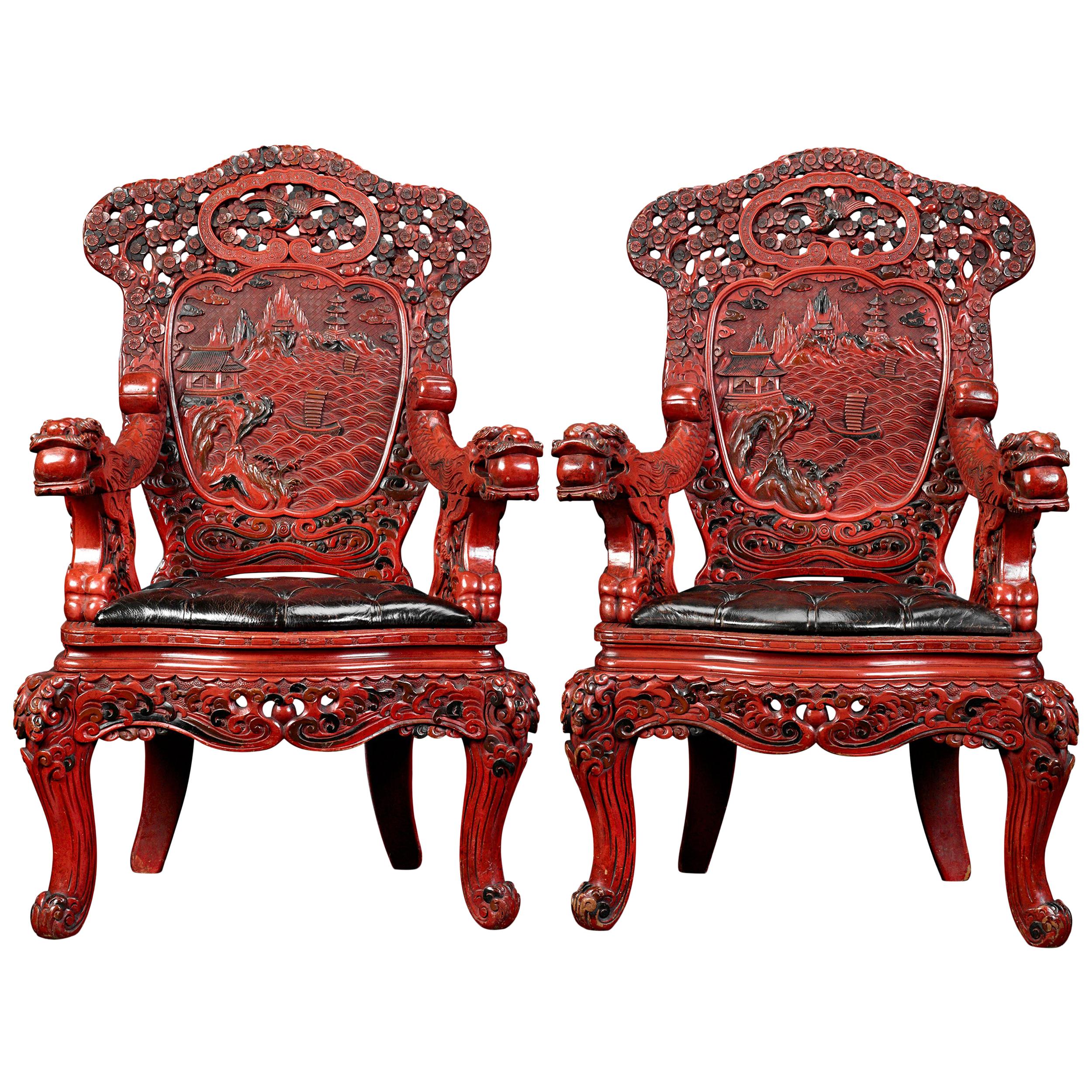 Pair of Lacquered Chinese Throne Chairs