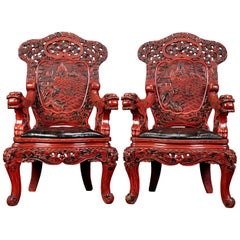 Antique Pair of Lacquered Chinese Throne Chairs