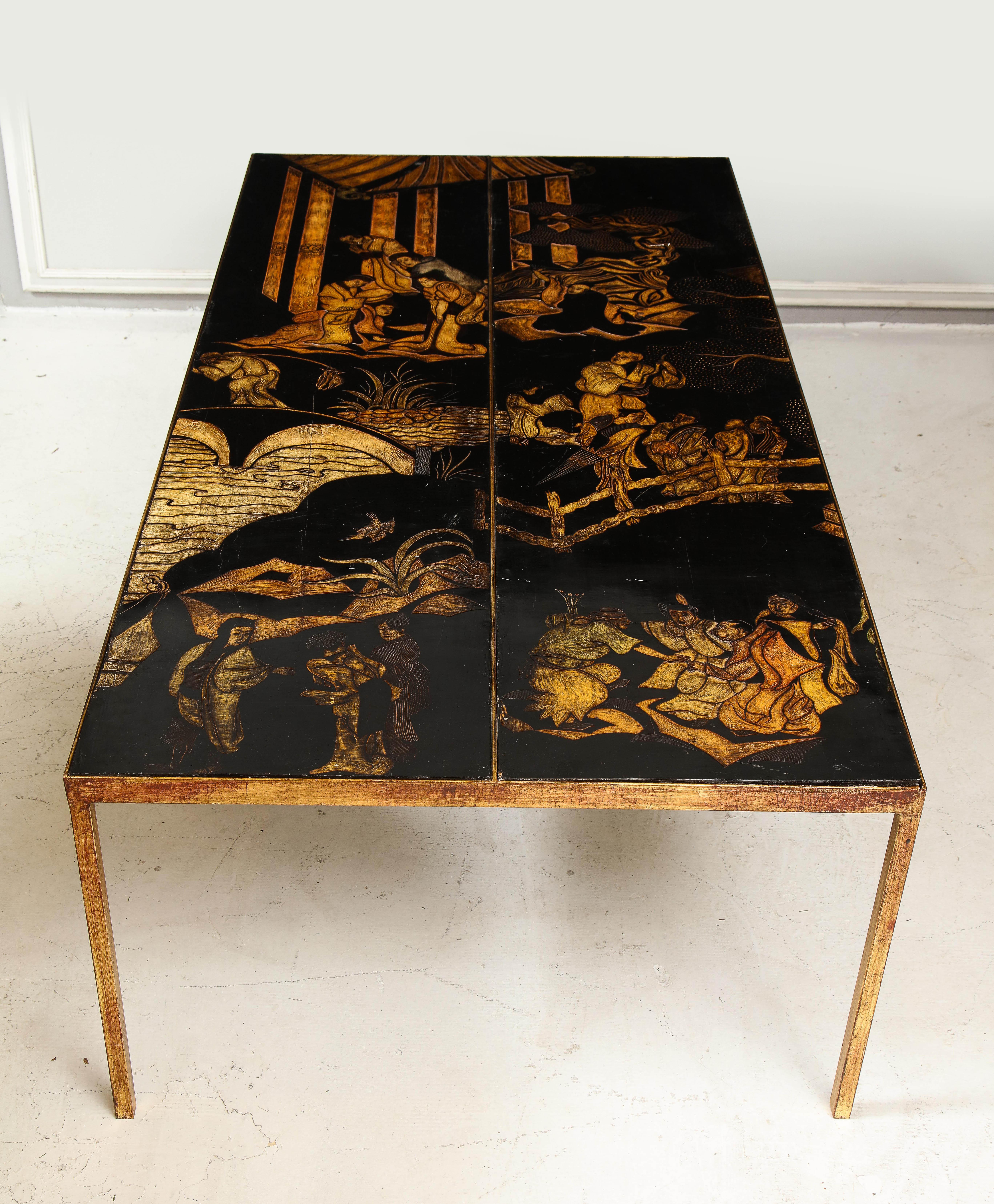 Exceptional hand-lacquered chinoiserie coffee table on gilt-iron base - table top depicting Asian characters and scenery - all hand-carved. Price for one table. Additional table available.

 