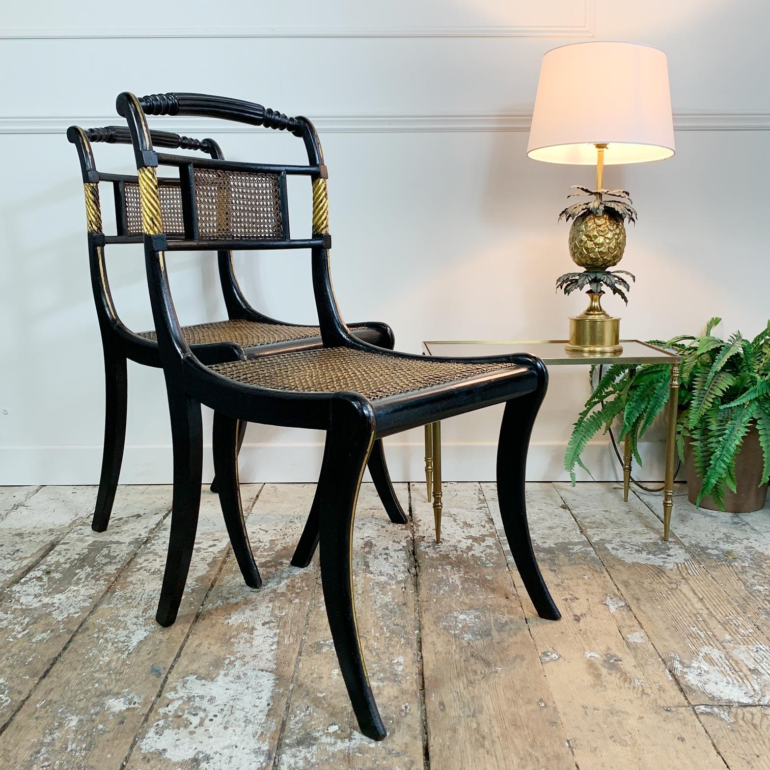 Pair of Black Ebonised and Parcel Gilt Egyptian Revival Regency Chairs 2