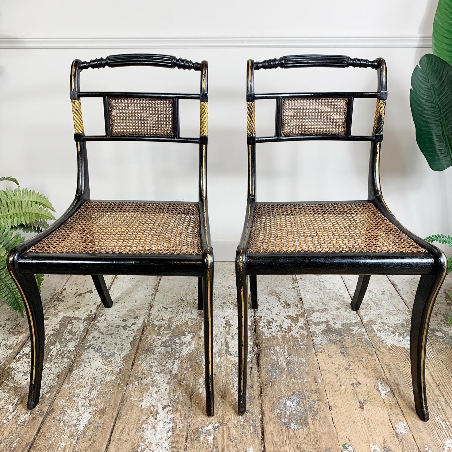 Pair of Black Ebonised and Parcel Gilt Egyptian Revival Regency Chairs 3