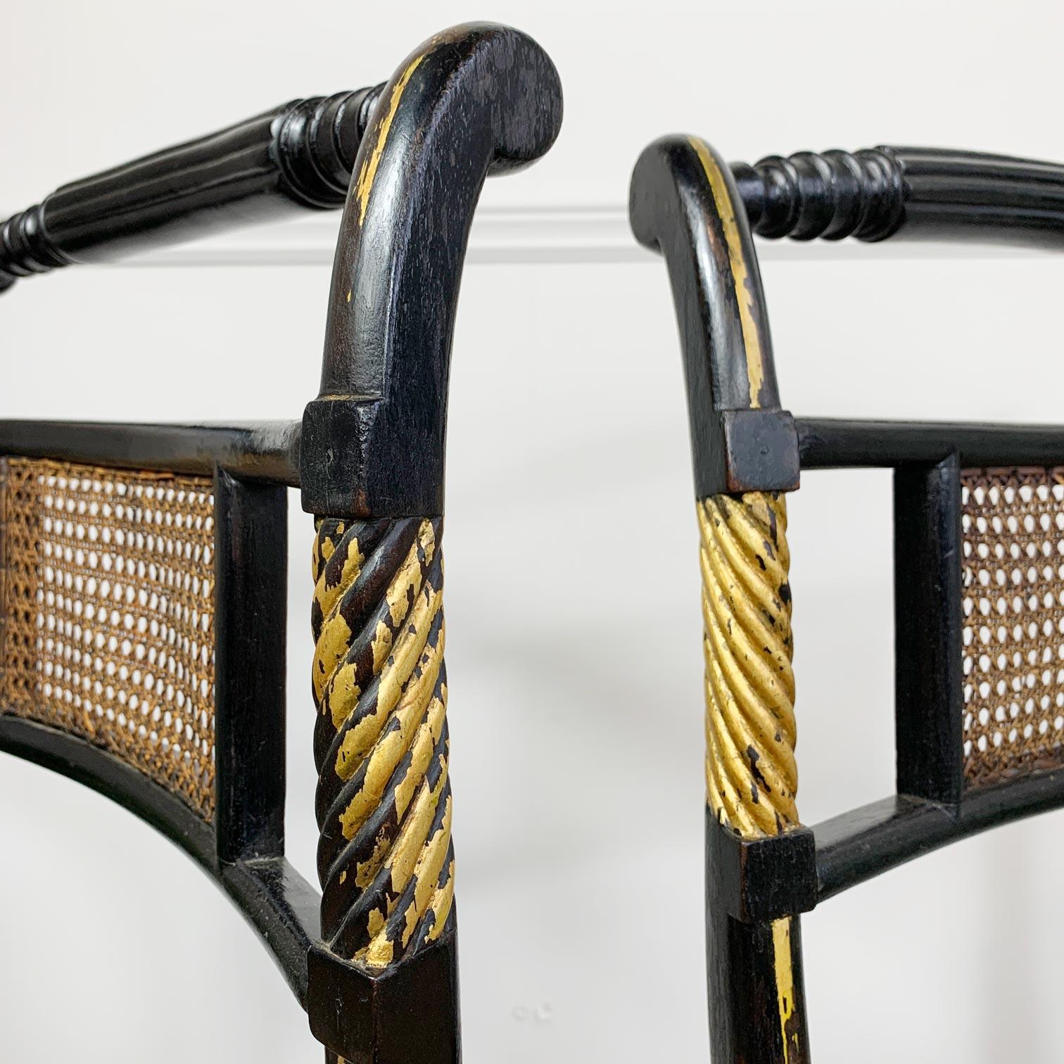 Pair of Black Ebonised and Parcel Gilt Egyptian Revival Regency Chairs 5
