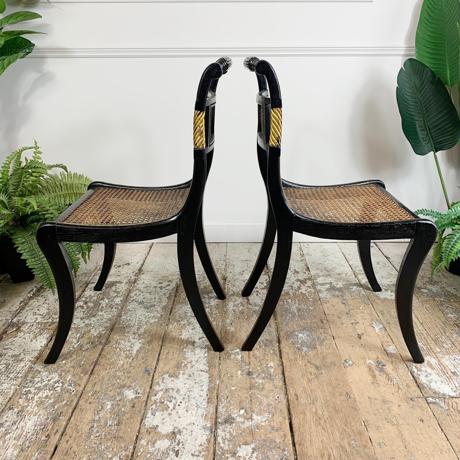 Pair of Black Ebonised and Parcel Gilt Egyptian Revival Regency Chairs 7