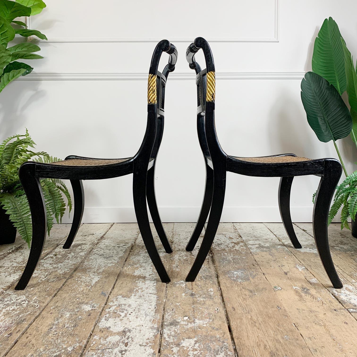 Pair of Black Ebonised and Parcel Gilt Egyptian Revival Regency Chairs 9