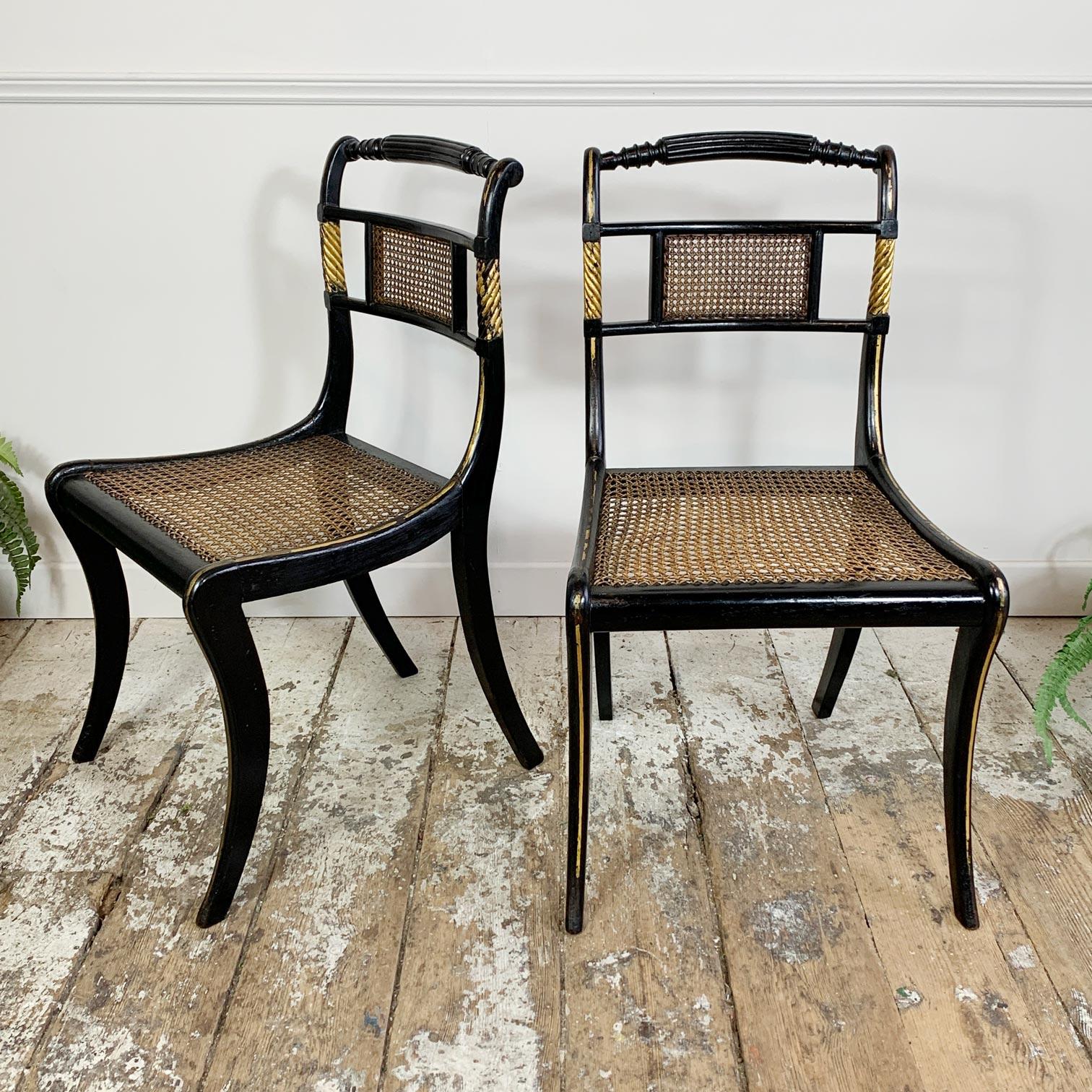 Pair of Black Ebonised and Parcel Gilt Egyptian Revival Regency Chairs 1