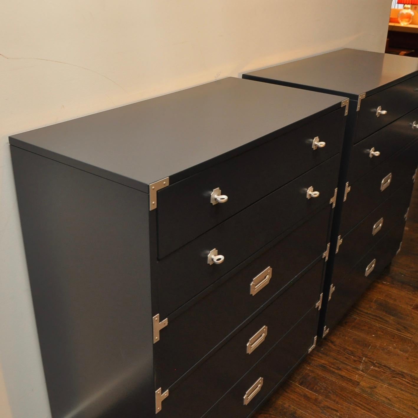 Mid-Century Modern Pair of Lacquered Five-Drawer Campaign Chests by Bernhardt