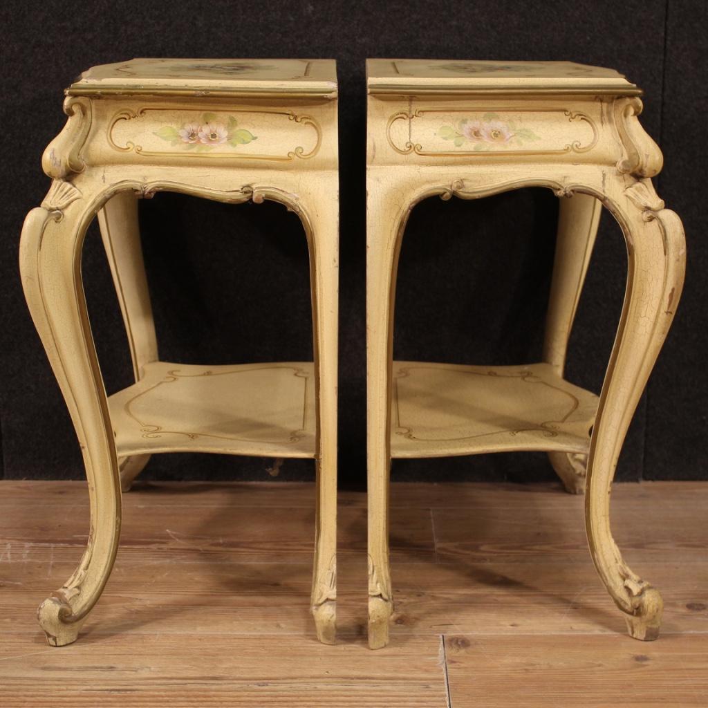 French Pair of Lacquered, Gilded and Painted Venetian Bedside Tables, 20th Century For Sale