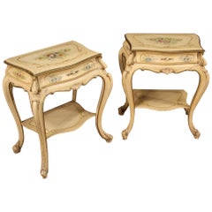 Pair of Lacquered, Gilded and Painted Venetian Bedside Tables, 20th Century