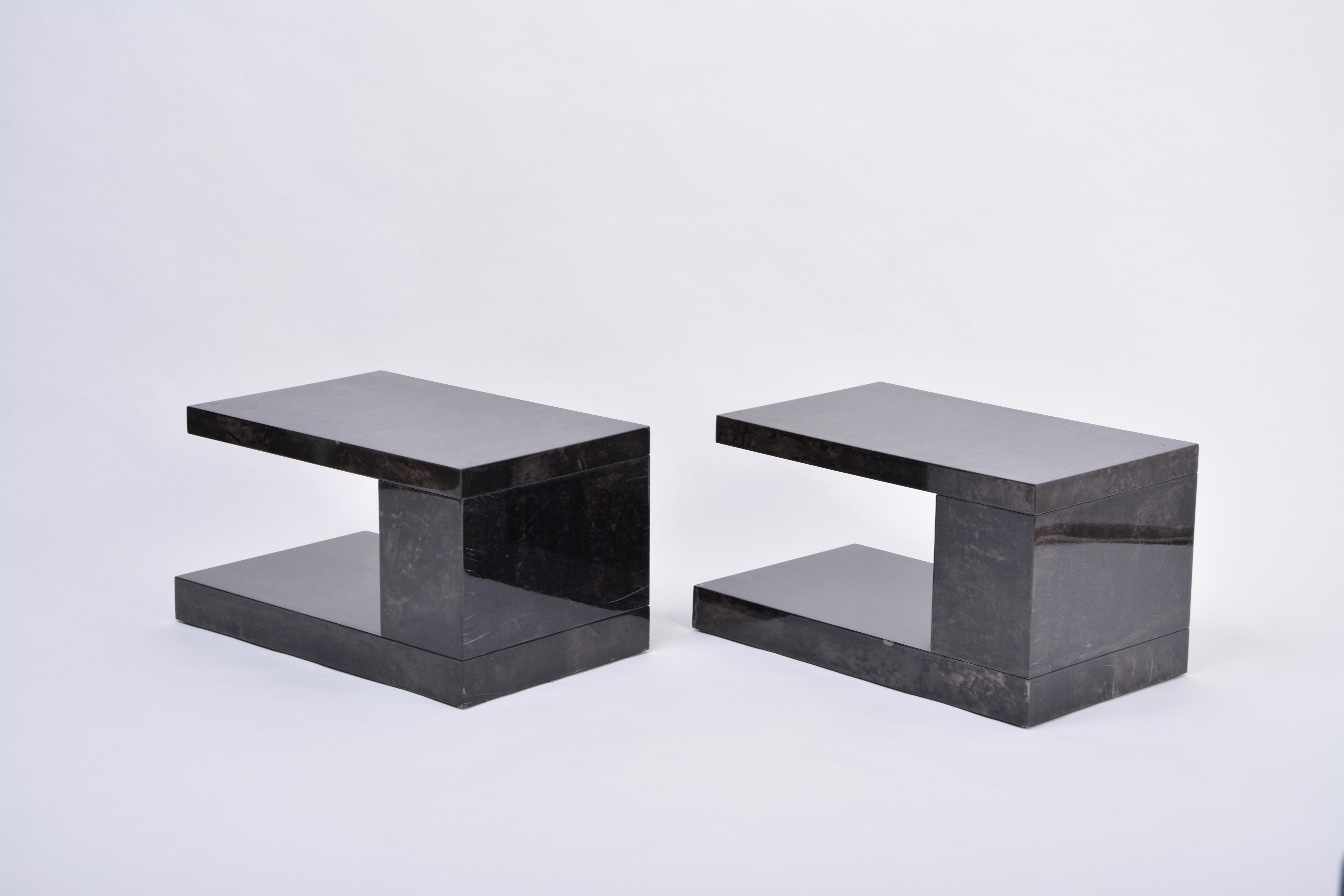 Hollywood Regency Pair of Lacquered Goat Skin Side Tables by Aldo Tura, 1970s
