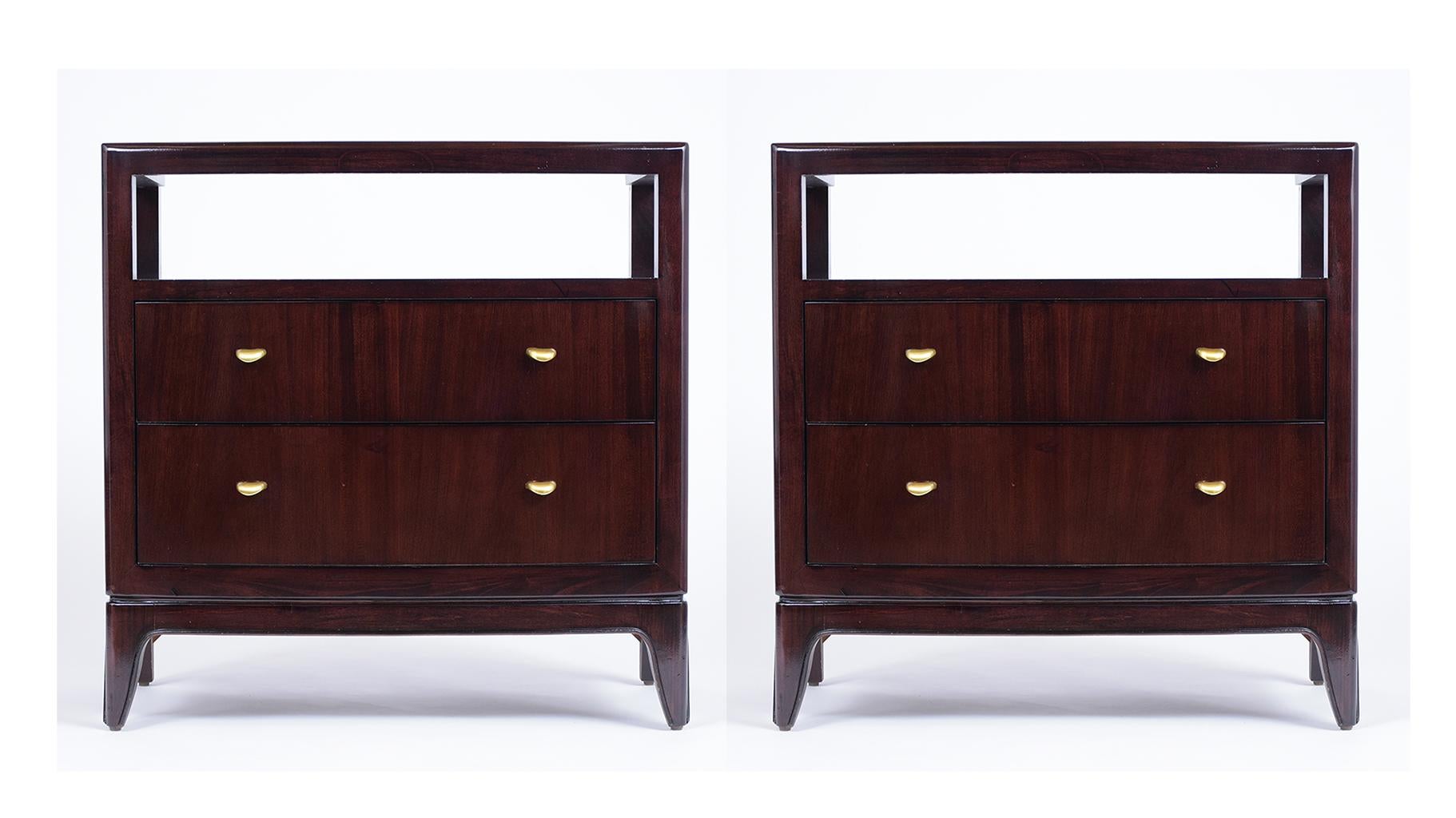 This set of two sleek modern bed side tables are made out solid mahogany wood and has been newly stained in rosewood color with a lacquered finish, these pair of chests of drawers feature a mirrored beveled tops small open shelves two drawers under