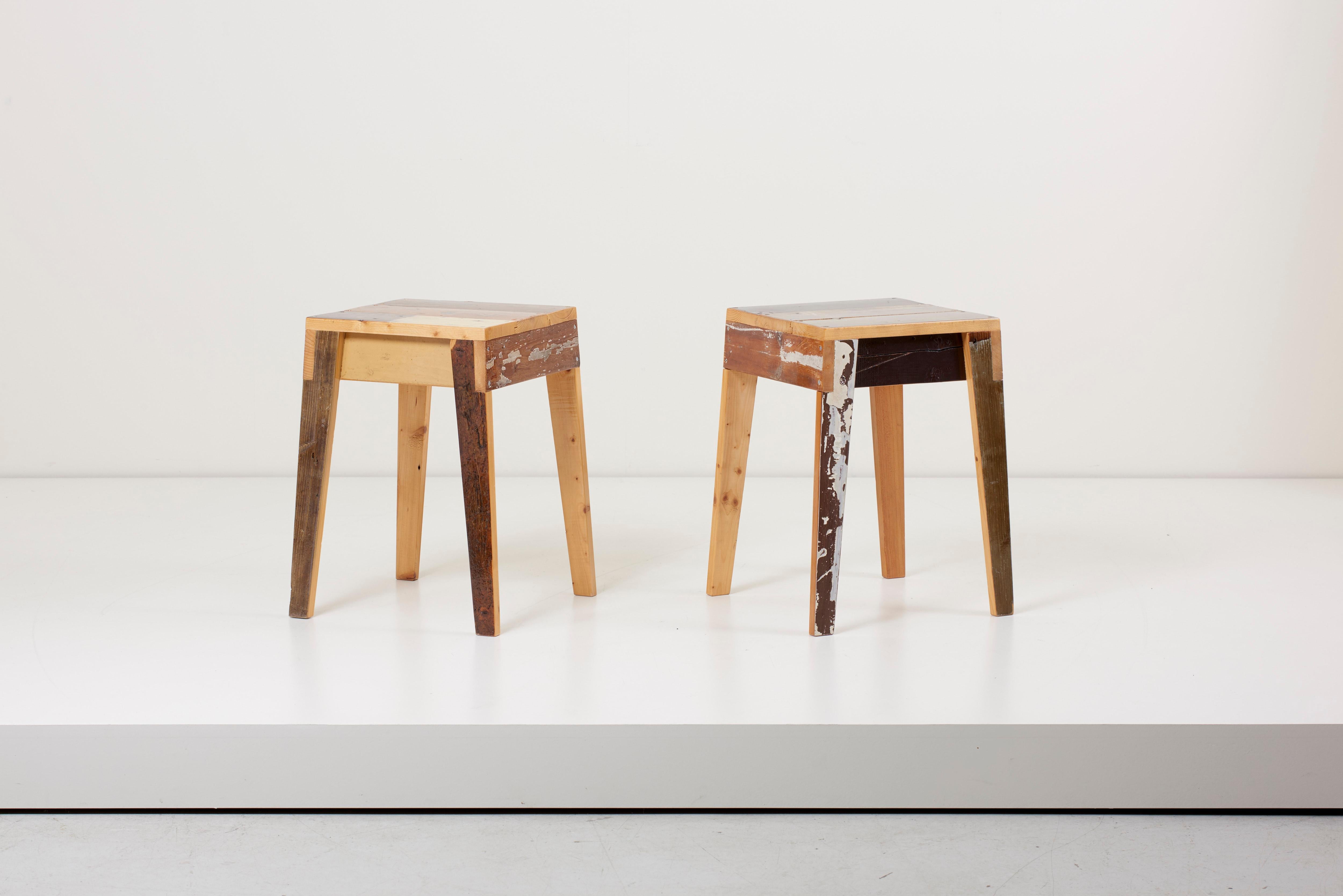 Pair of scrapwood stools in lacquered oak made of reclaimed wood by Piet Hein Eek.
