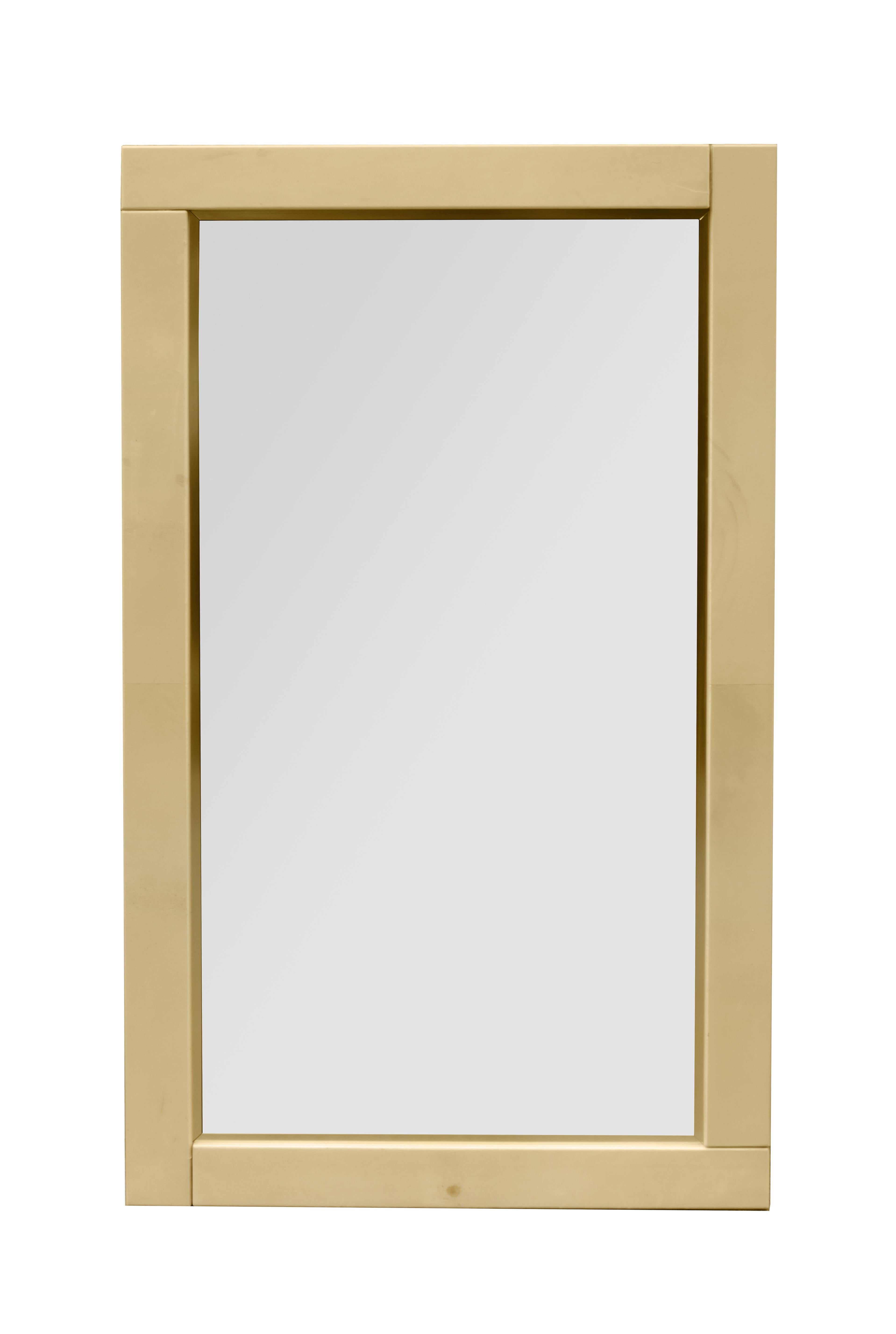 Pair of lacquered parchment modernist mirrors.
Lacquered goatskin with inner brass detail surrounding the mirror.
