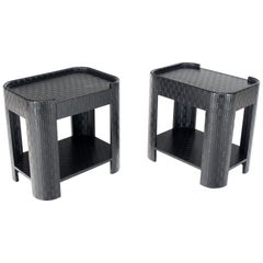 Pair of Lacquered Raffia Cloth Covered Stands End Occasional Tables Springer