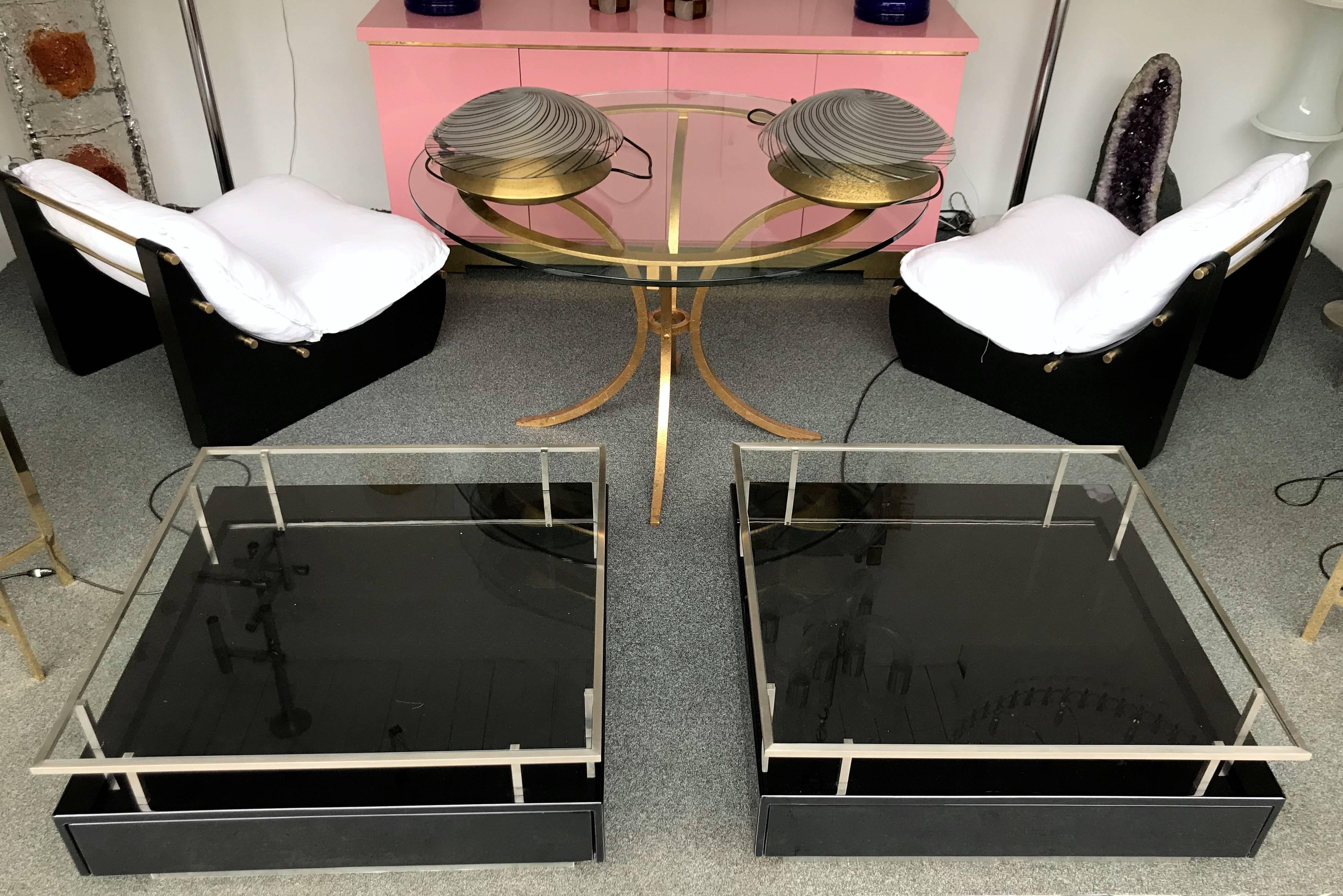 Rare huge model of low coffee side or end tables black lacquered wood with drawers on each side. Nickeled brass structure by the designer Guy Lefevre for the manufacture Maison Jansen. Can be use as a huge modular table in two part. Famous design