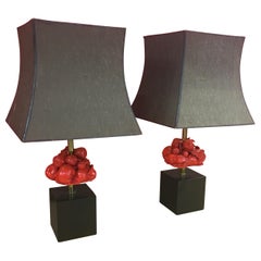 Used Pair of Lacquered Wood and Brass Lamps, circa 1970