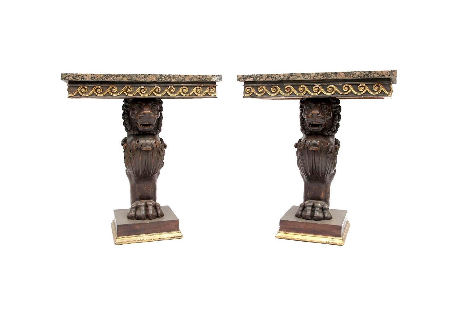 Pair of brown lacquered wood Pompeian style console with a stylized lion protome leg standing on a square base. The leg is composed of a lion head, curly hair and mouth open, supported by a bulged protome adorned with large and curved acanthus