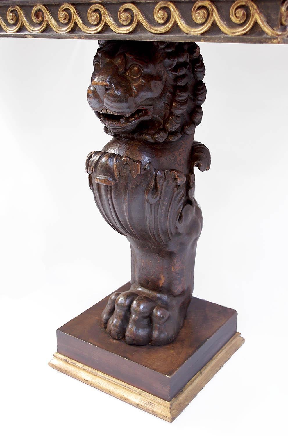 Italian Pair of Lacquered Wood Pompeian Style Consoles with Lion Ornament