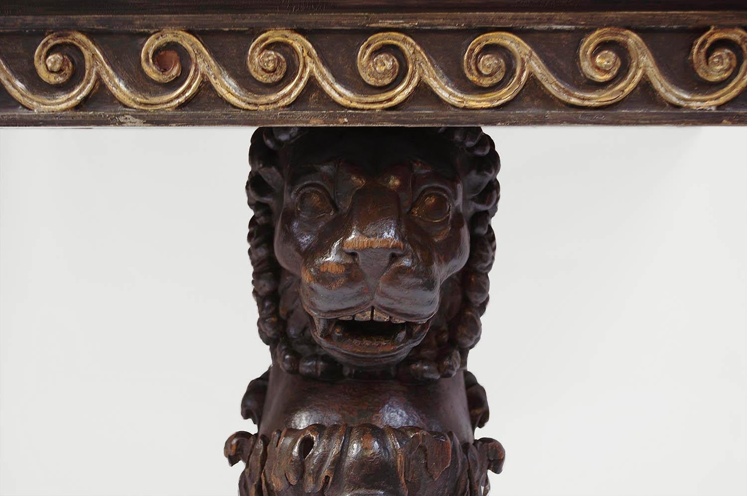 Pair of Lacquered Wood Pompeian Style Consoles with Lion Ornament In Good Condition In Saint-Ouen, FR