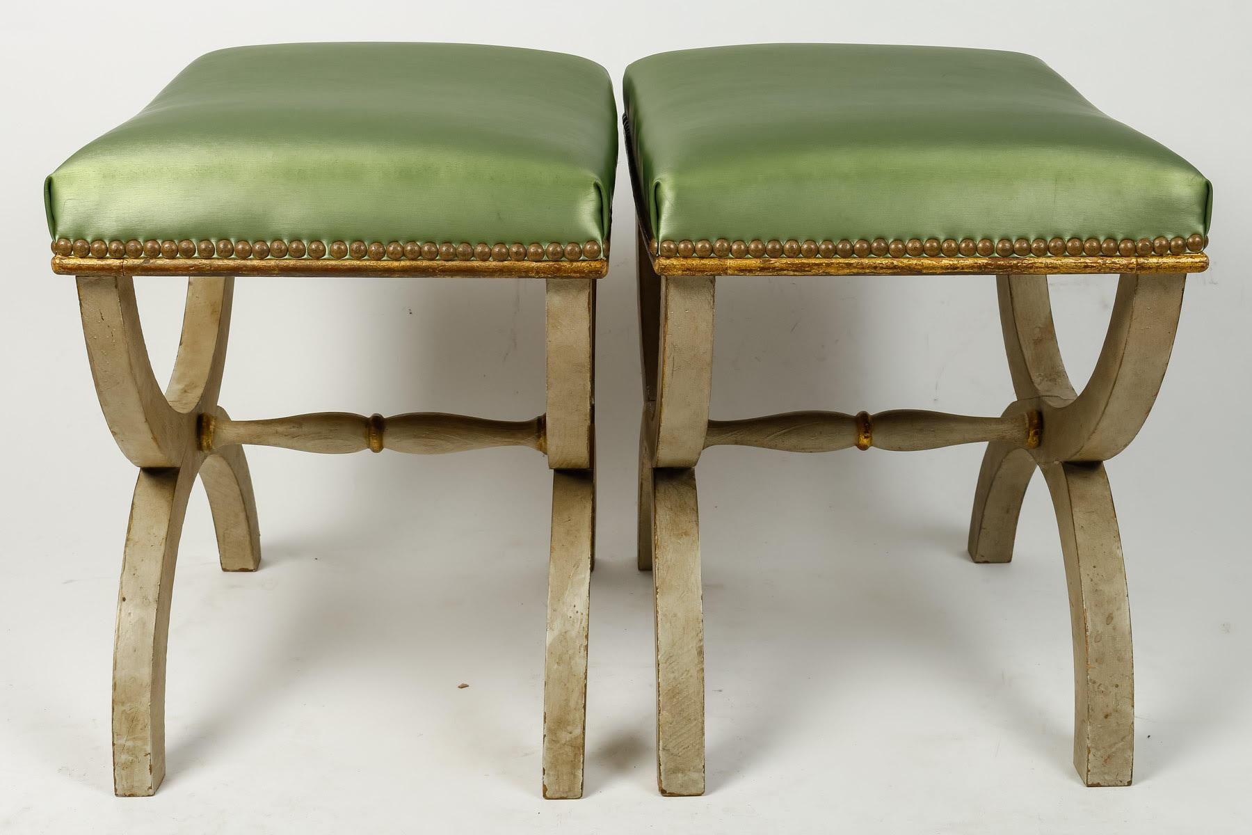 French Pair of Lacquered Wood X-shaped Stools, Early 20th Century.