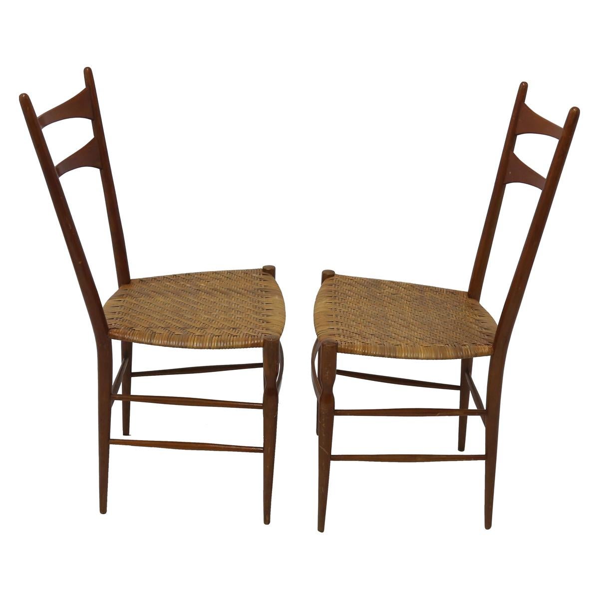 Mid-Century Modern Pair of Ladder Back Chairs with Woven Rattan Seats in the Manner of Gio Ponti