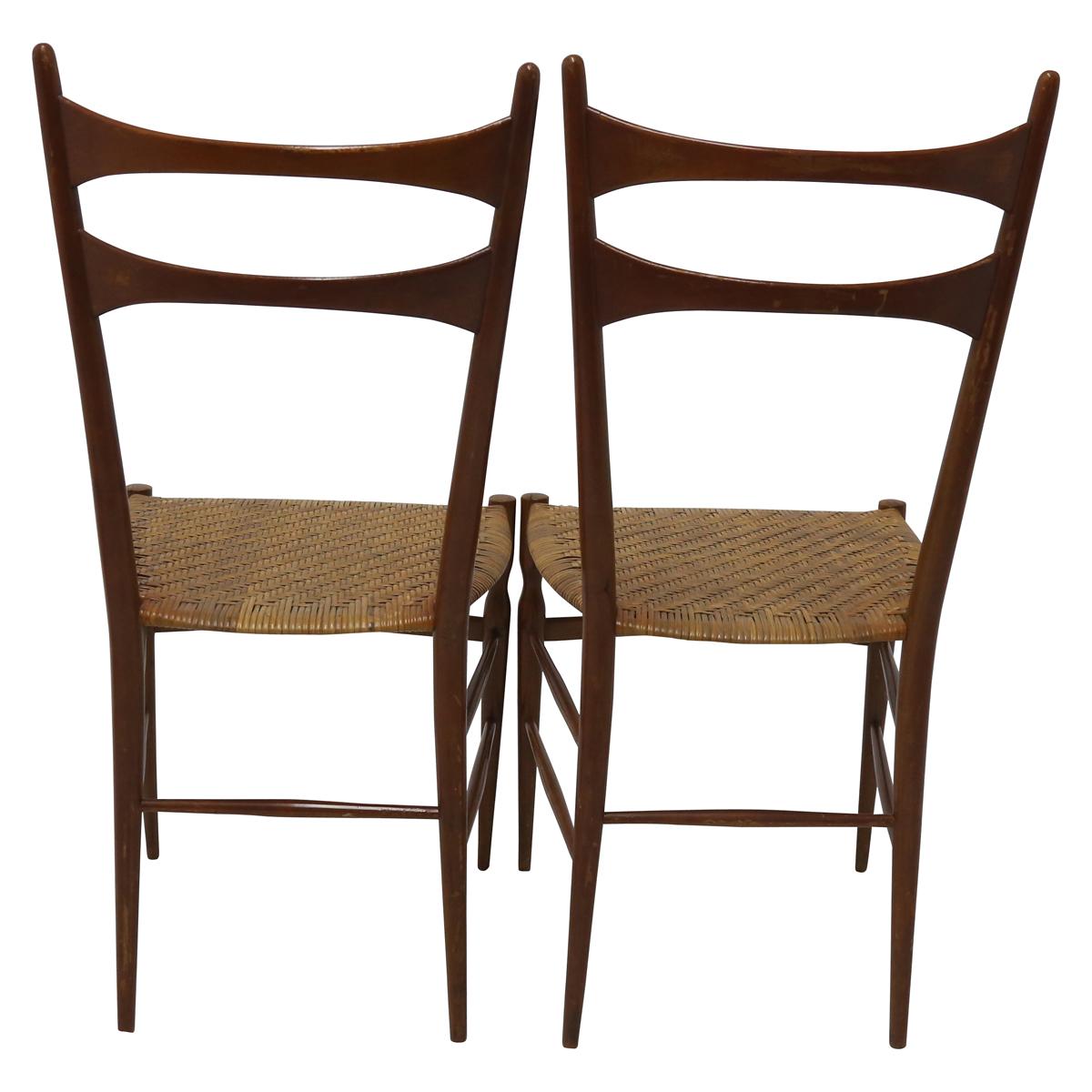 Italian Pair of Ladder Back Chairs with Woven Rattan Seats in the Manner of Gio Ponti