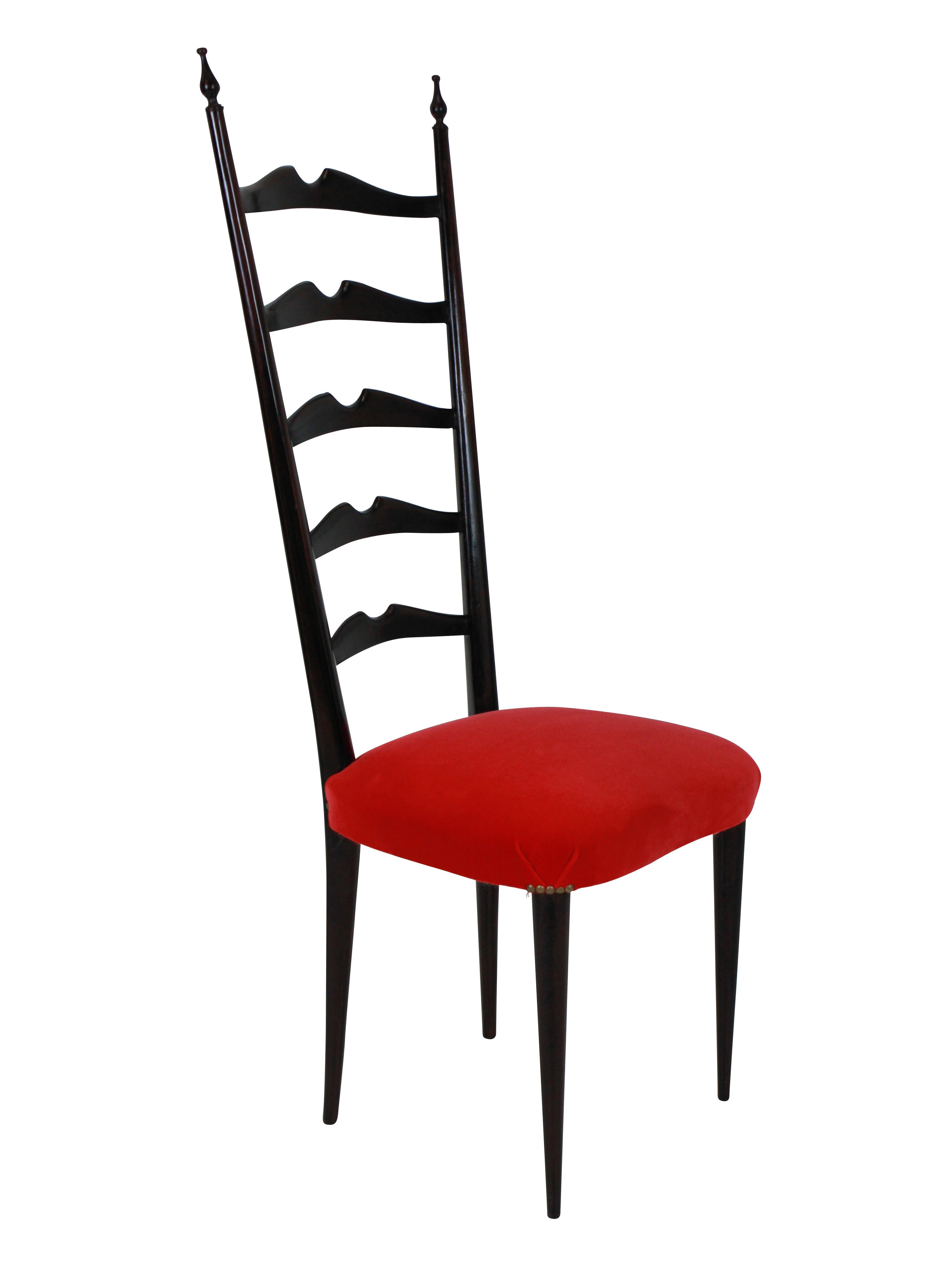 A set of two elegant curved ladder back hall chairs in the manner of Paolo Buffa. Newly upholstered in scarlet velvet.

  