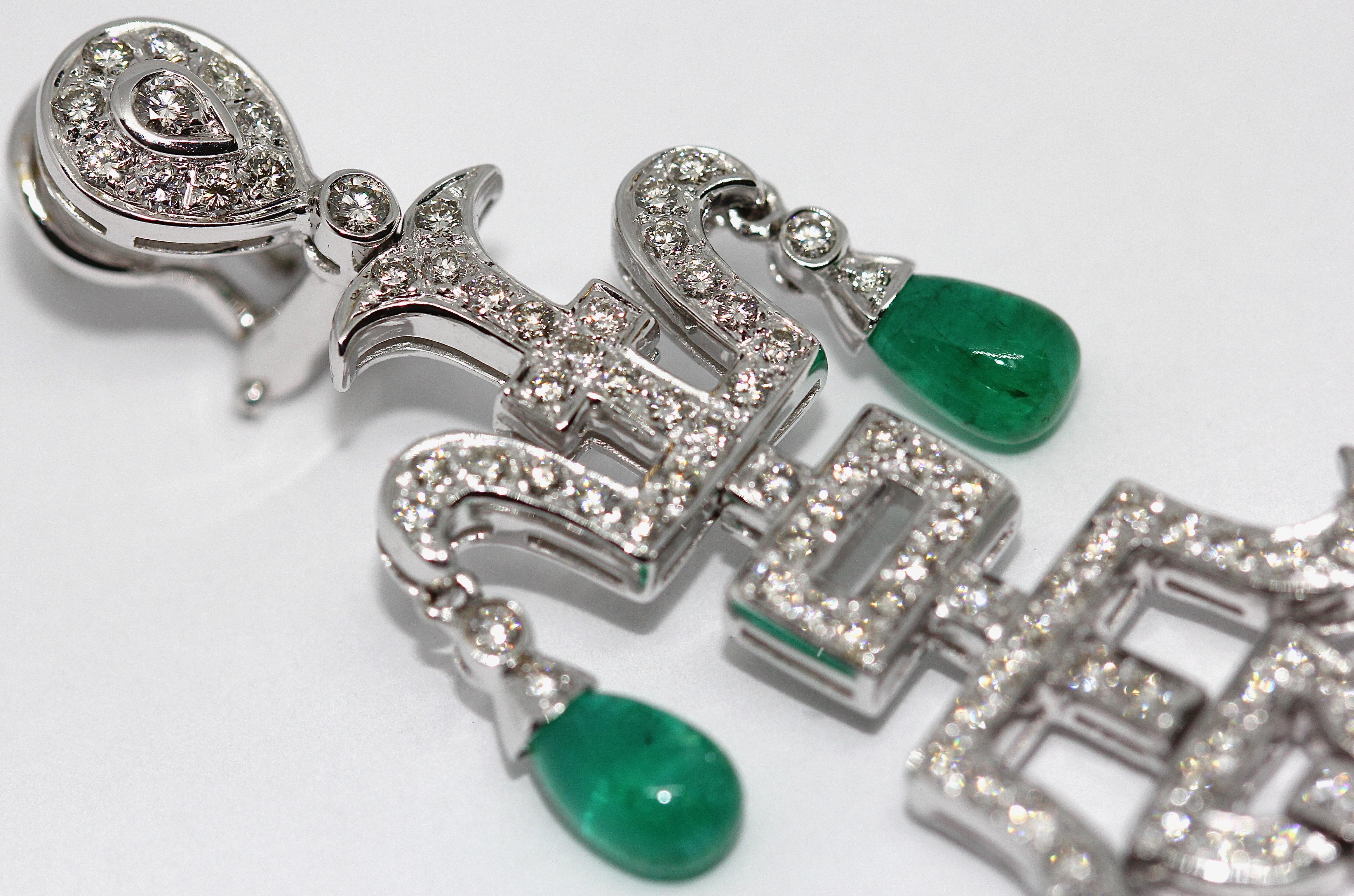 Women's Pair of Ladies Diamond and Emerald Chandelier Earrings, 18 Karat White Gold For Sale