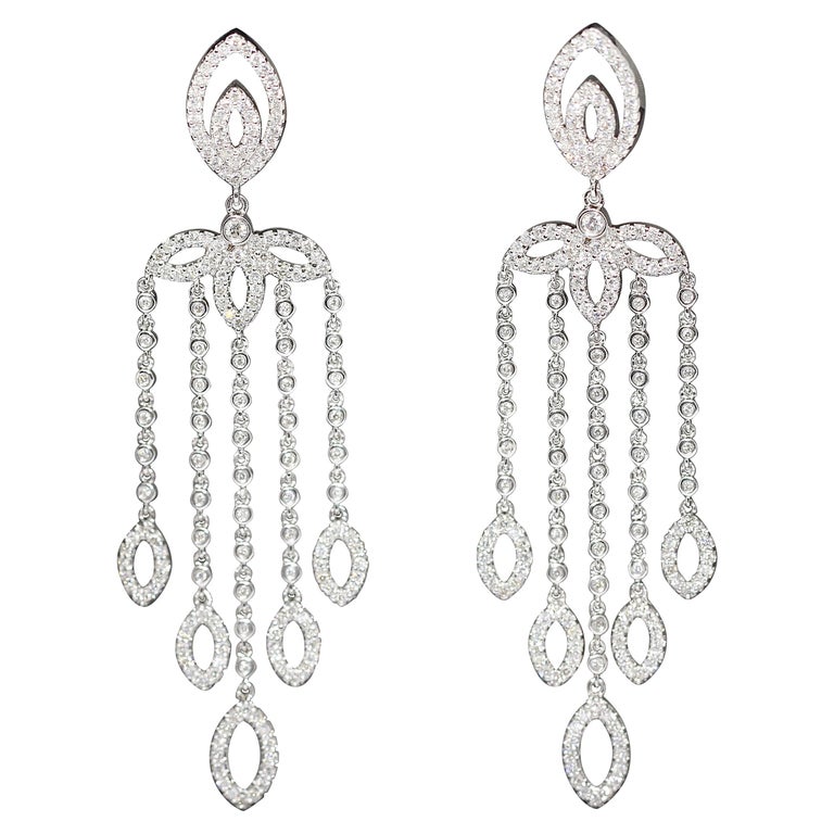 Pair of Ladies Diamonds Chandelier Earrings, 18 Karat White Gold For ...
