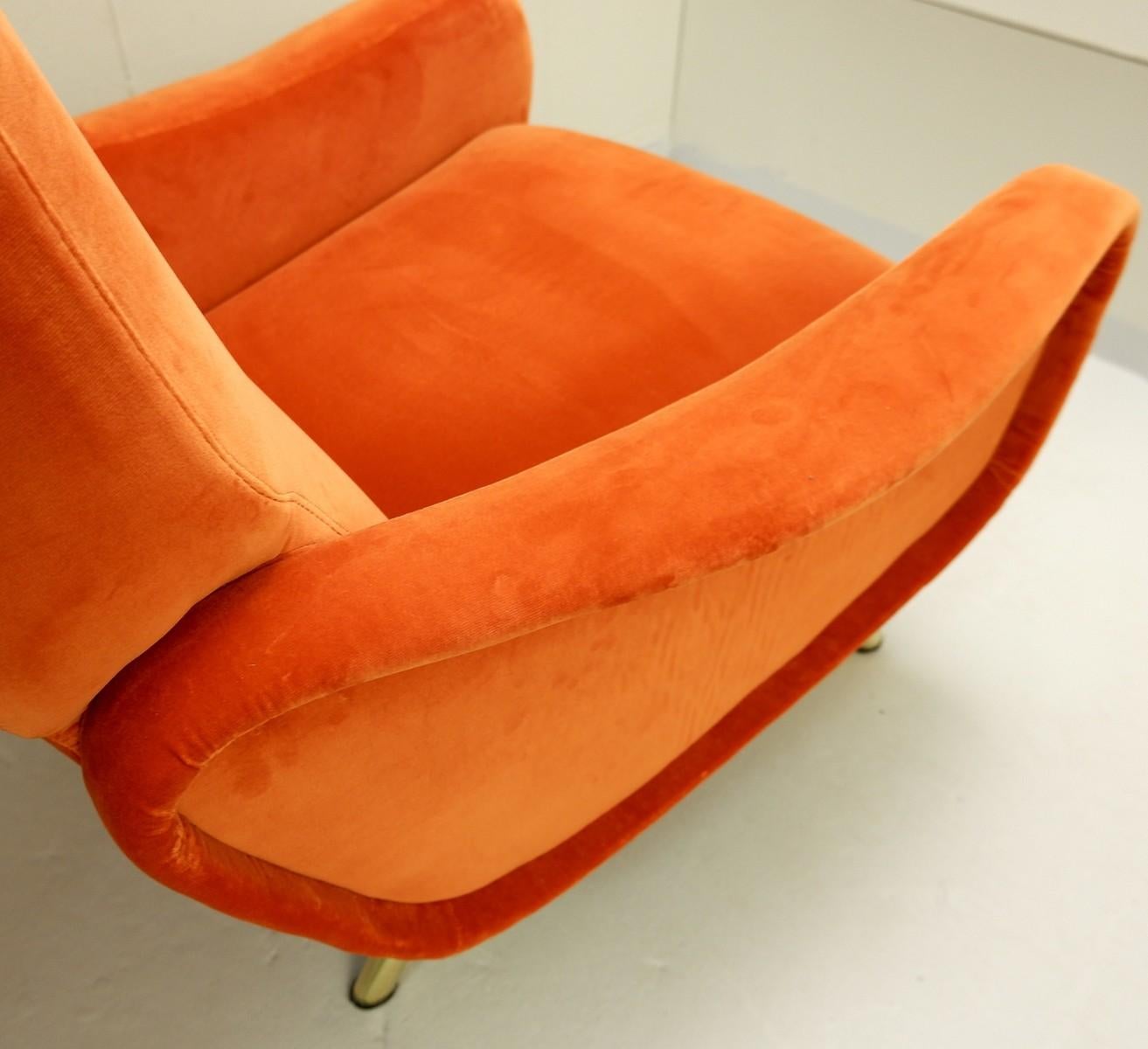 Mid-Century Modern Pair of 'Lady' Armchairs, Marco Zanuso for Arflex, New Orange Velvet Ulphostery