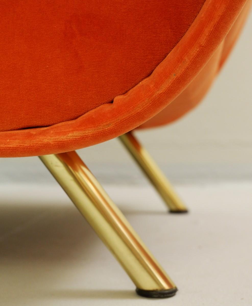 Brass Pair of 'Lady' Armchairs, Marco Zanuso for Arflex, New Orange Velvet Ulphostery