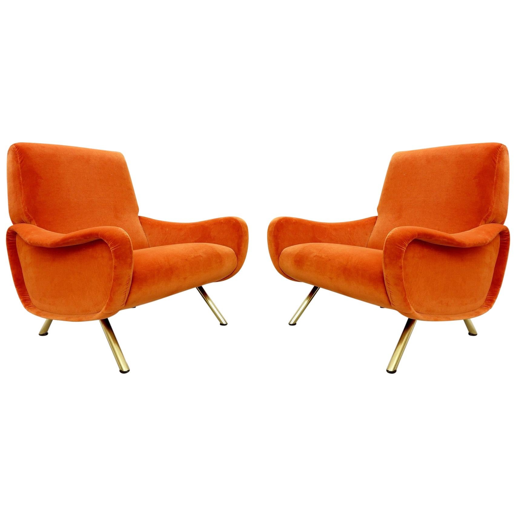 Pair of 'Lady' Armchairs, Marco Zanuso for Arflex, New Orange Velvet Ulphostery