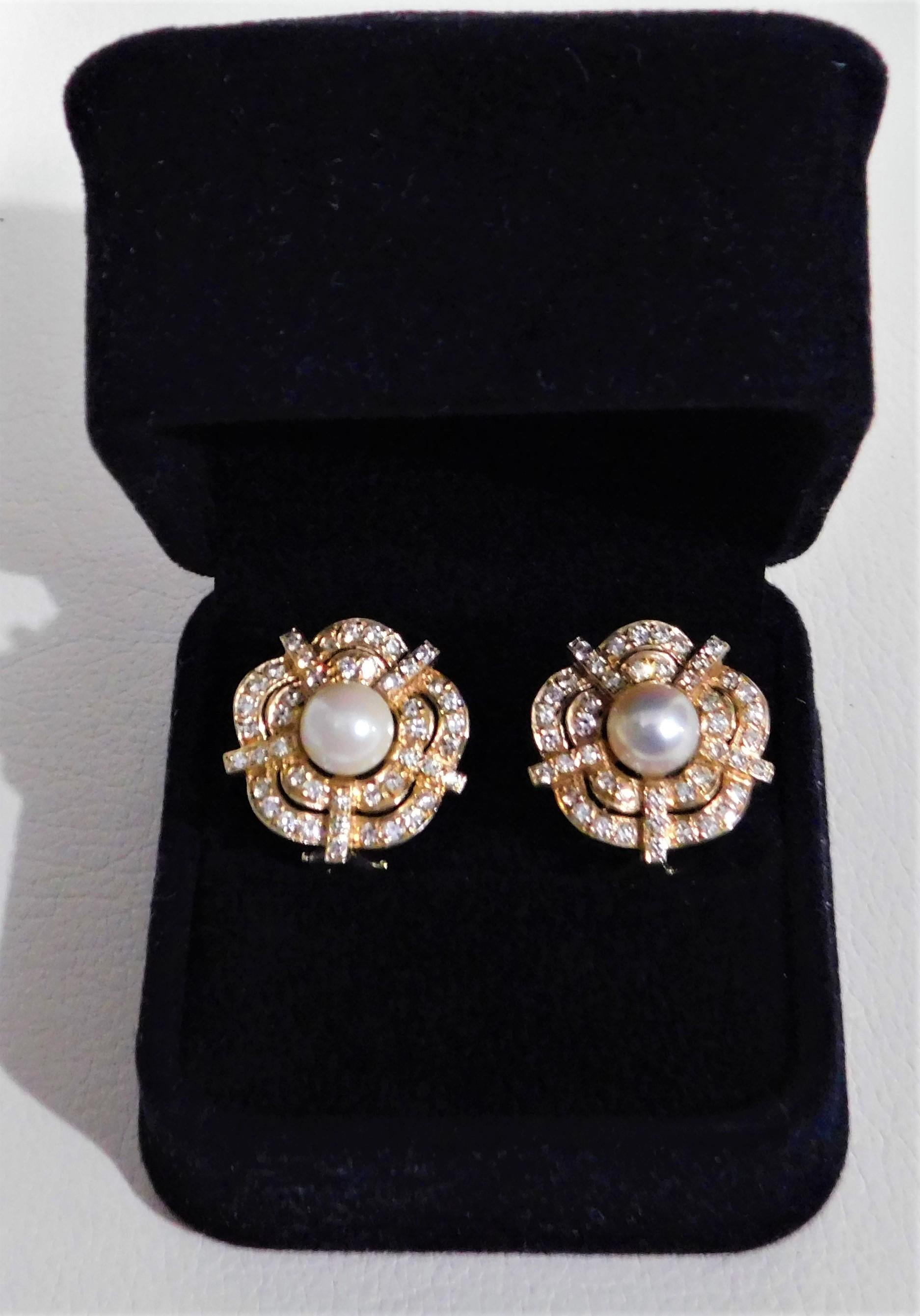 Pair of Lady's 14K Yellow Gold Cultured Pearl 100 Diamonds Floral Motif Earrings For Sale 5