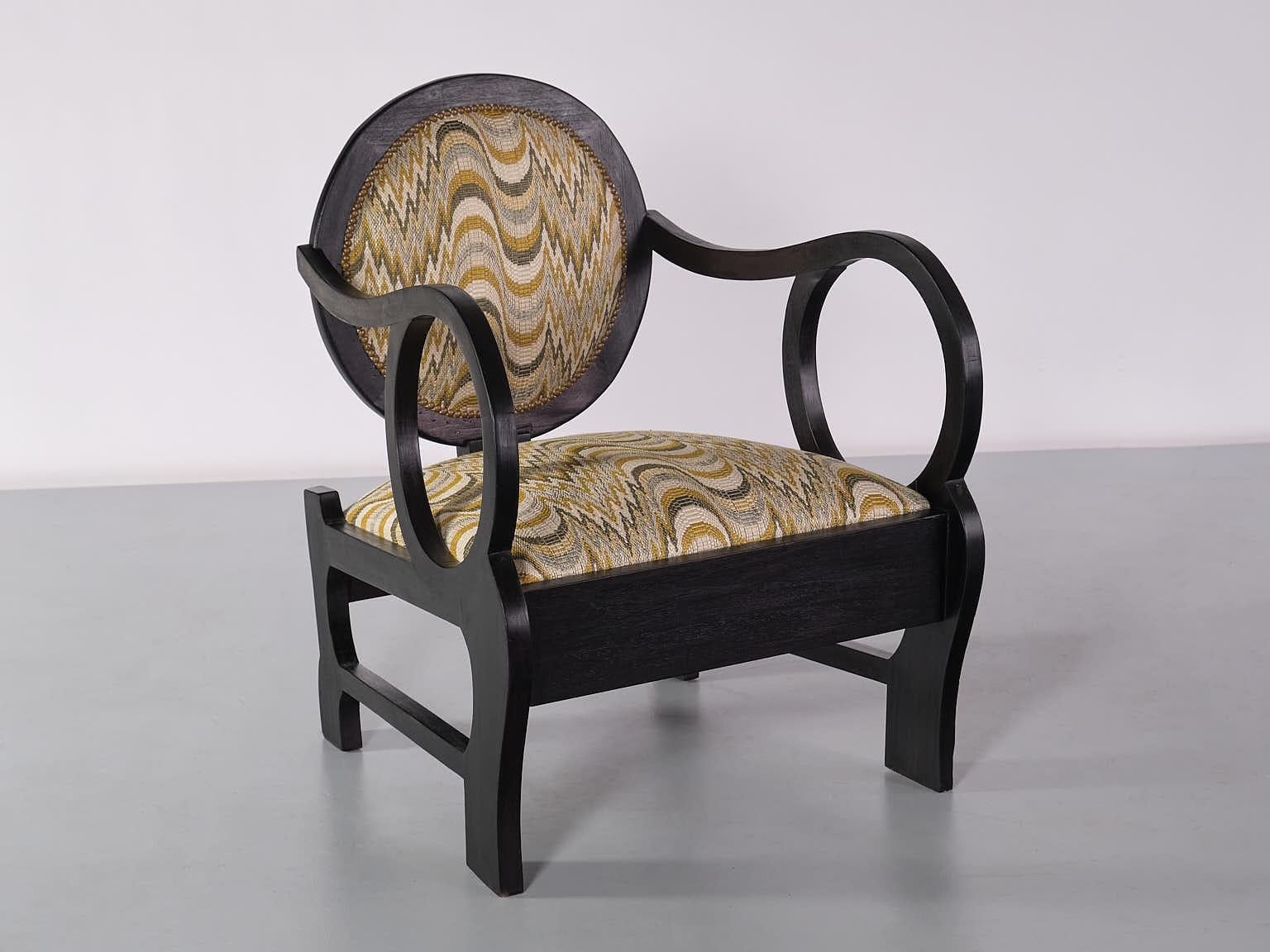 Pair of Lajos Kozma Attributed Armchairs in Oak and Dedar Jacquard, Late 1940s For Sale 7