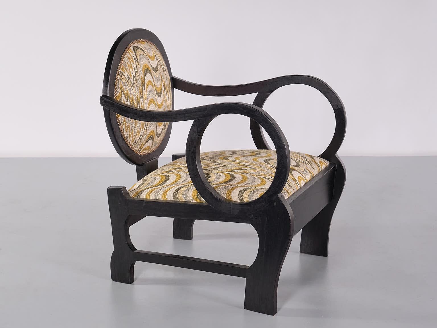 Pair of Lajos Kozma Attributed Armchairs in Oak and Dedar Jacquard, Late 1940s For Sale 2