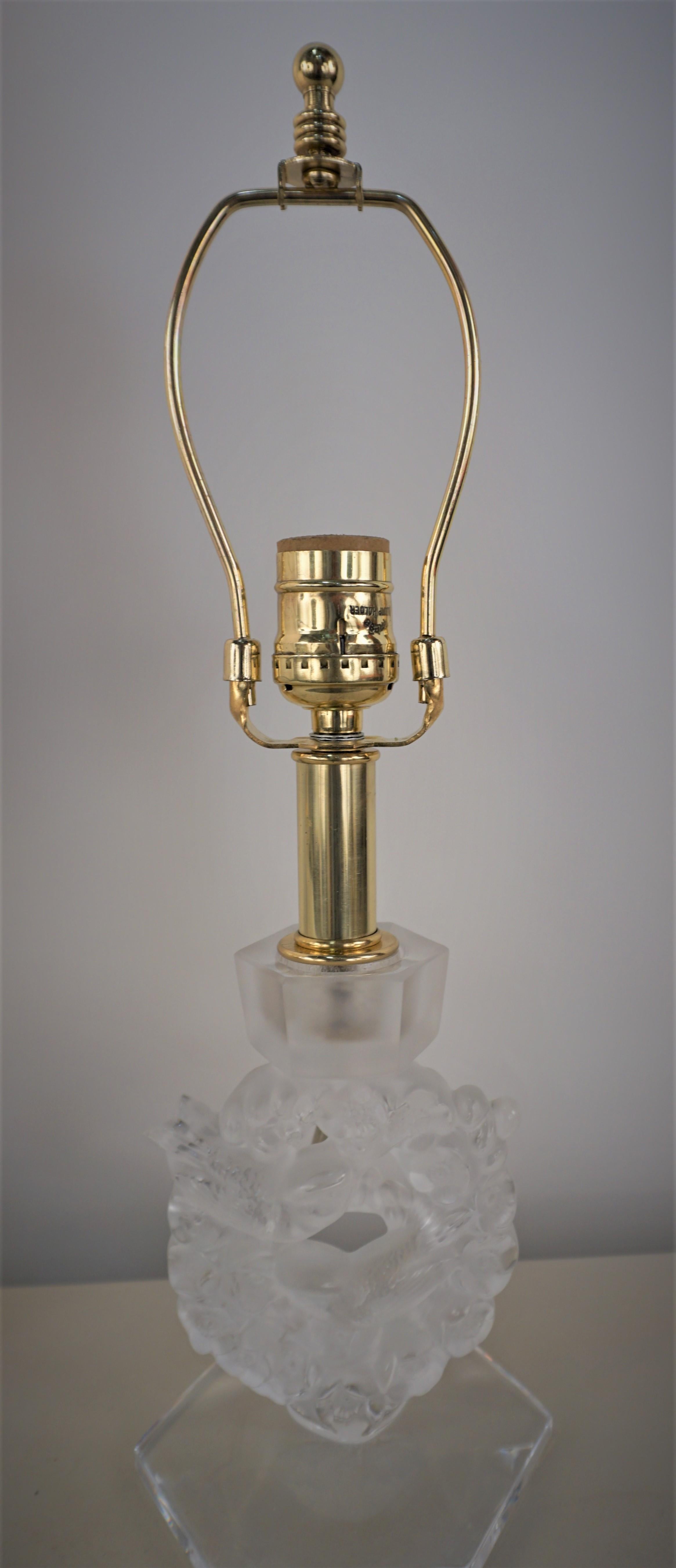 Bronze Pair of Lalique Clear and Frosted Crystal Candlestick Table Lamps For Sale