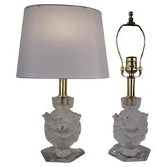 Pair of Lalique Clear and Frosted Crystal Candlestick Table Lamps